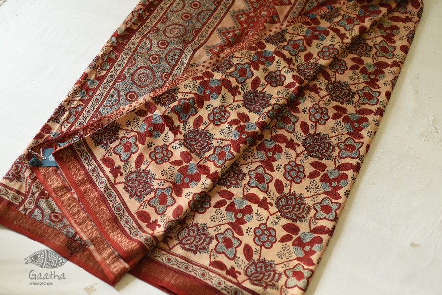 shop Ajrakh Ajrakh Mulberry Silk SareeAjrakh Mulberry Silk Saree - Flower Block Prints