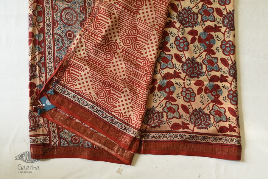 shop Ajrakh Ajrakh Mulberry Silk SareeAjrakh Mulberry Silk Saree - Flower Block Prints