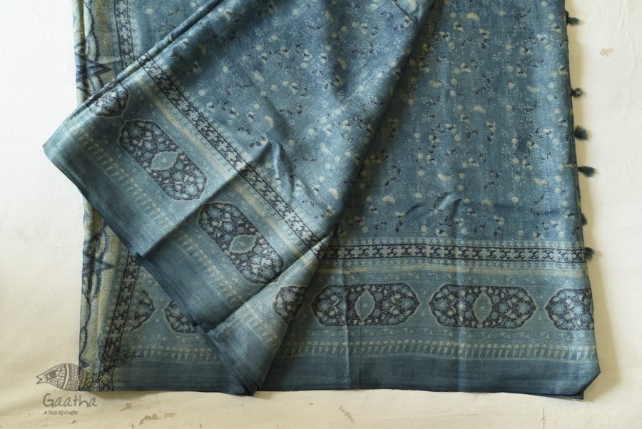 shop Ajrakh Tussar Silk Saree with Natural Dyed Indigo