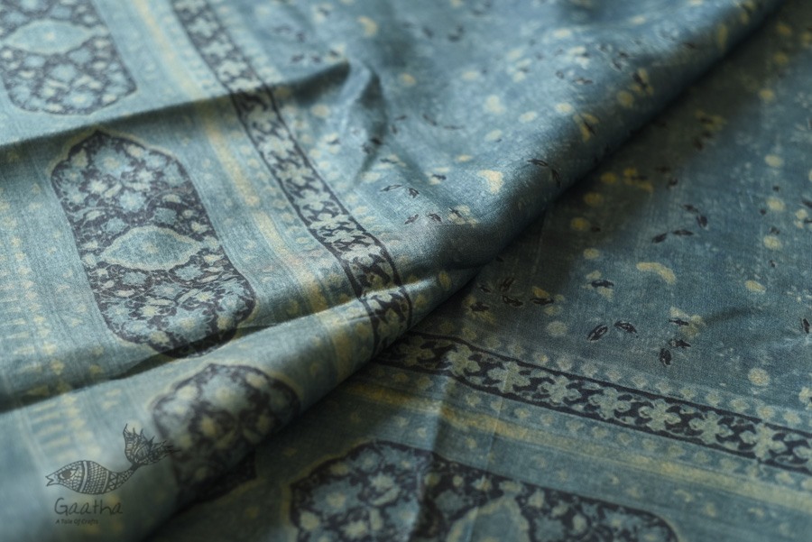 shop Ajrakh Tussar Silk Saree with Natural Dyed Indigo