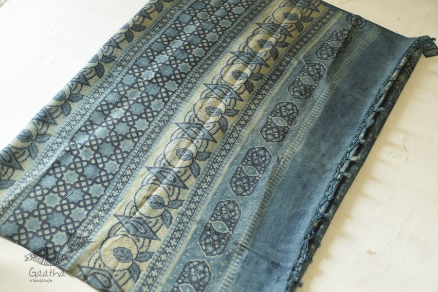 shop Ajrakh Tussar Silk Saree with Natural Dyed Indigo