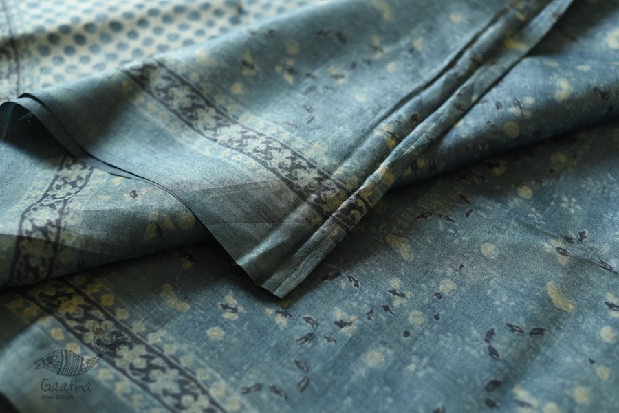 shop Ajrakh Tussar Silk Saree with Natural Dyed Indigo