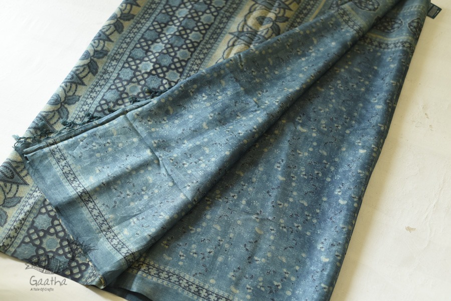 shop Ajrakh Tussar Silk Saree with Natural Dyed Indigo