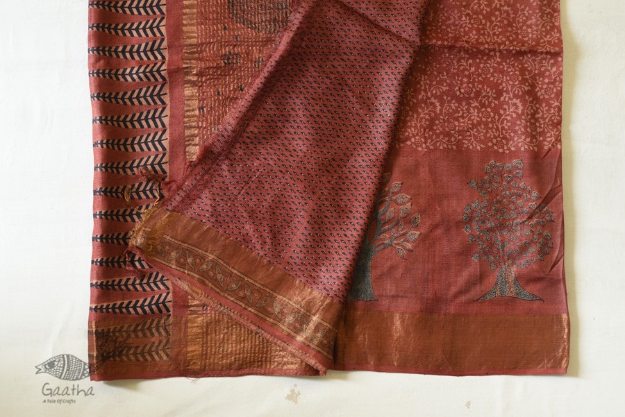 shop Ajrakh Tussar Silk Saree with Natural Dyed - Zari Border