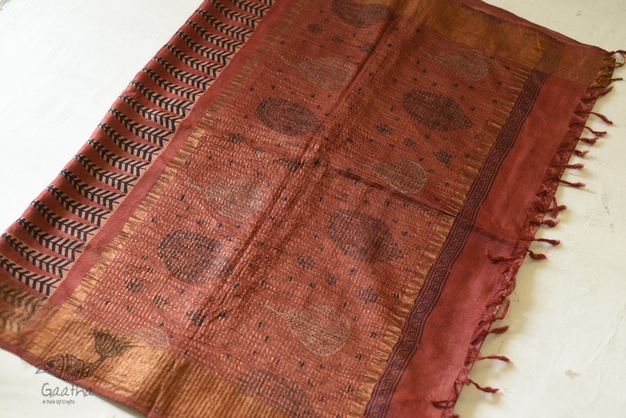 shop Ajrakh Tussar Silk Saree with Natural Dyed - Zari Border