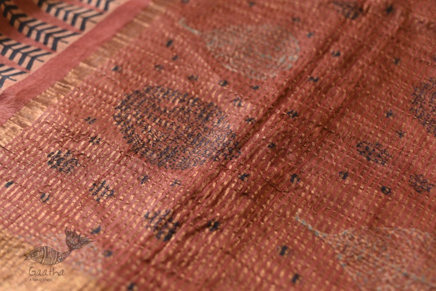 shop Ajrakh Tussar Silk Saree with Natural Dyed - Zari Border