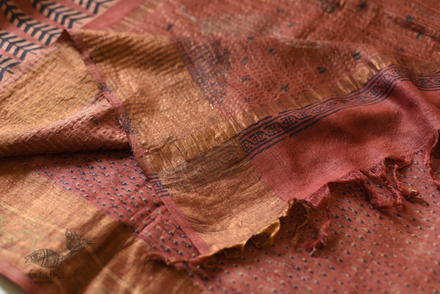 shop Ajrakh Tussar Silk Saree with Natural Dyed - Zari Border