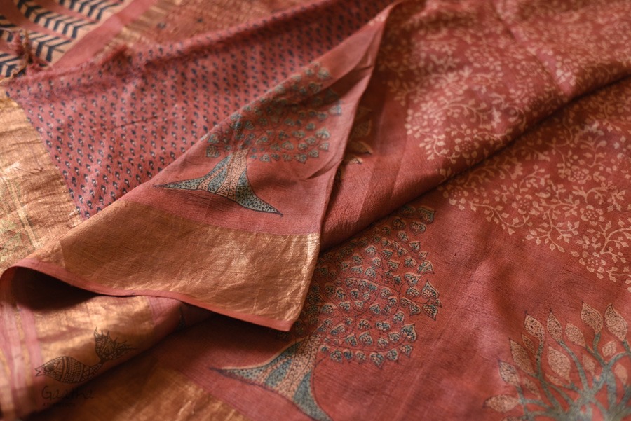 shop Ajrakh Tussar Silk Saree with Natural Dyed - Zari Border