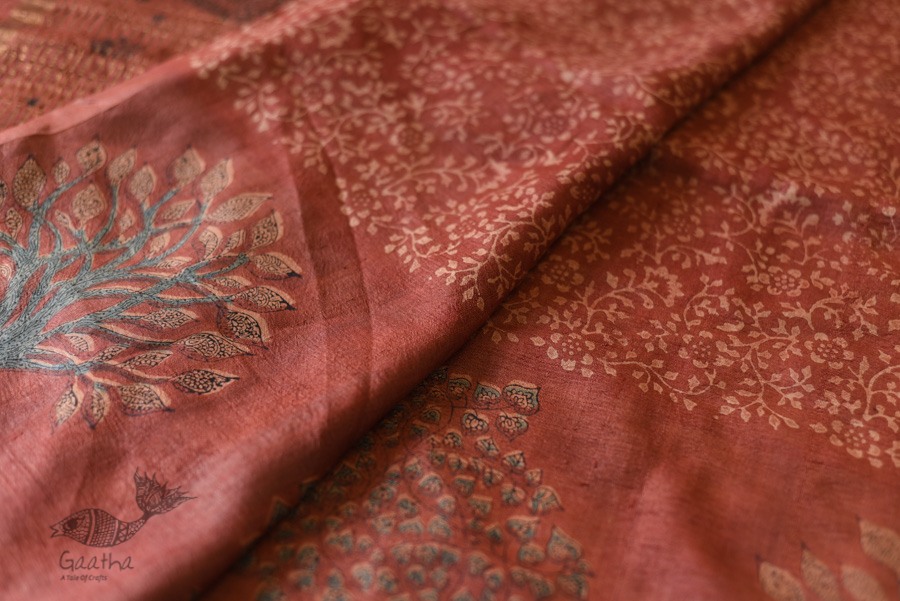 shop Ajrakh Tussar Silk Saree with Natural Dyed - Zari Border