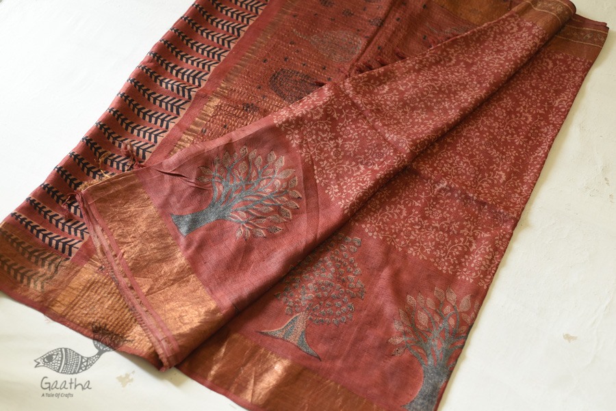 shop Ajrakh Tussar Silk Saree with Natural Dyed - Zari Border