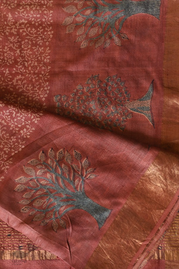 shop Ajrakh Tussar Silk Saree with Natural Dyed - Zari Border