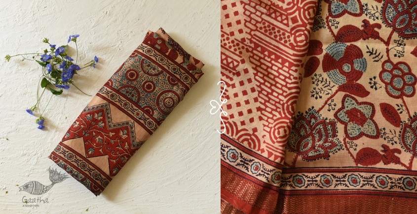 shop Ajrakh Ajrakh Mulberry Silk SareeAjrakh Mulberry Silk Saree - Flower Block Prints