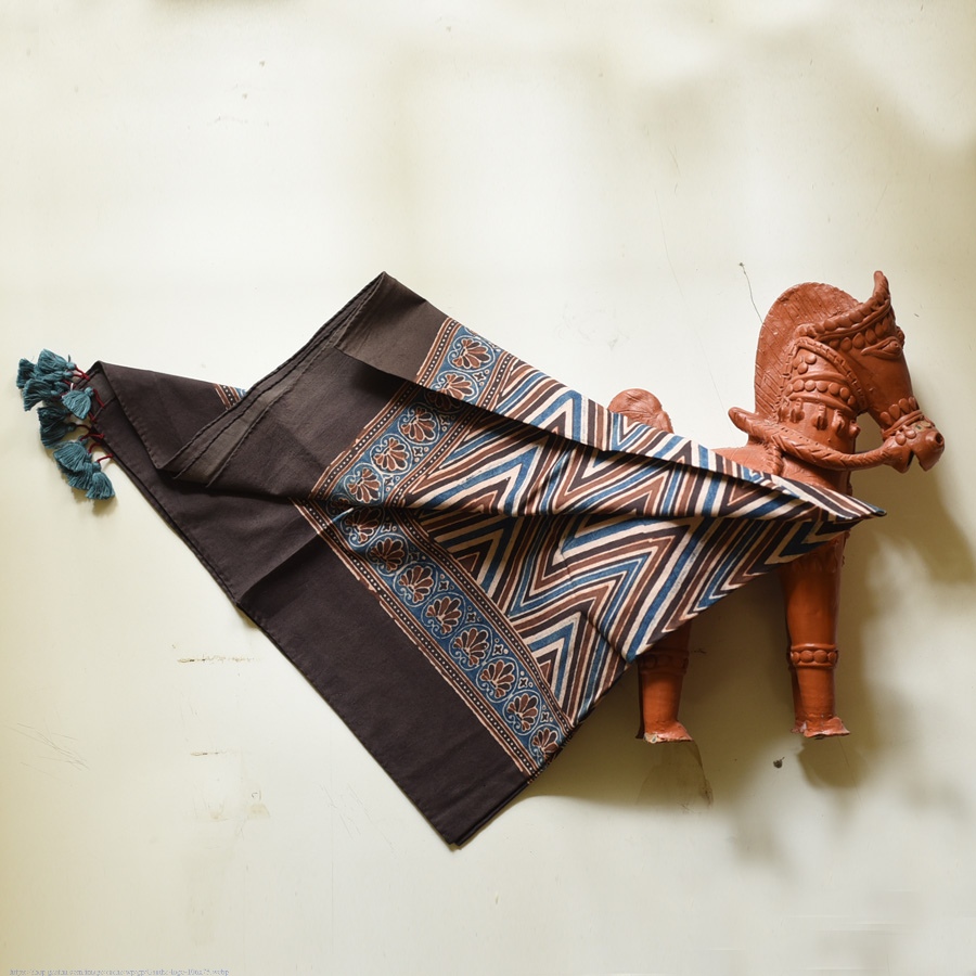 shop Hand Block Printed - Ajrakh Cotton - Brown Zik Zak Scarf