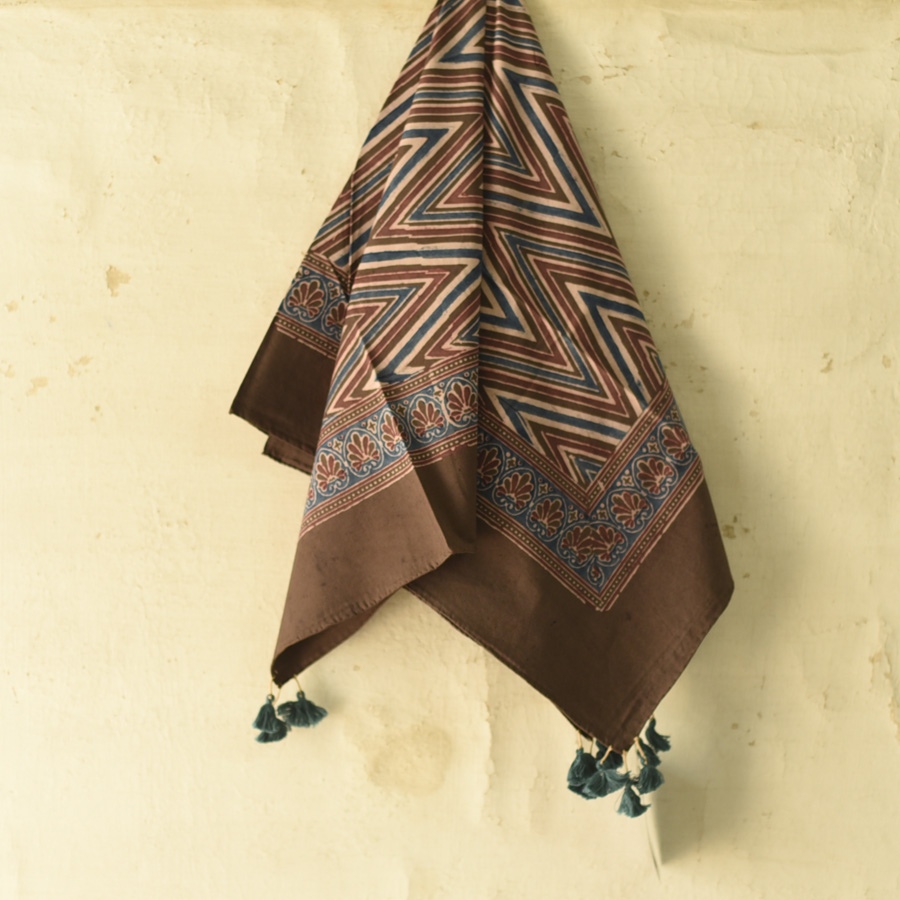 shop Hand Block Printed - Ajrakh Cotton - Brown Zik Zak Scarf