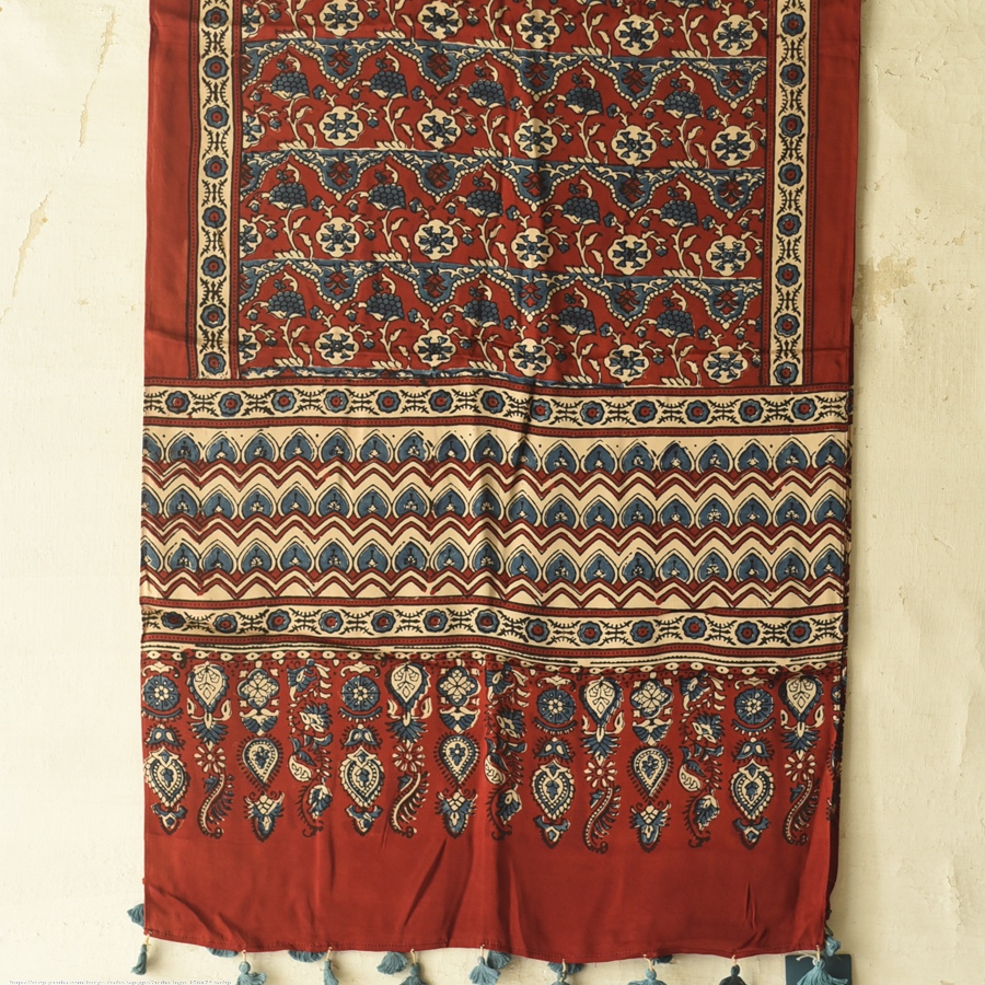 Shop Natural Dyed Ajrakh Prints - Modal Silk Stole ~ Red