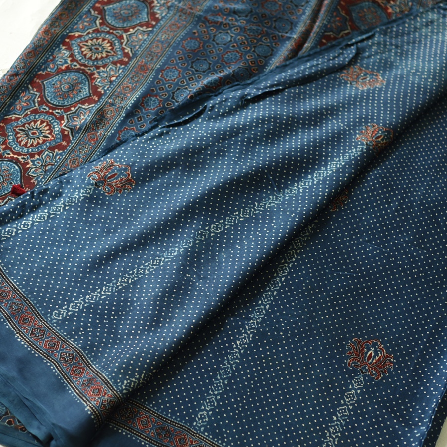 Shop modal silk ajrakh Saree - Blue Doted