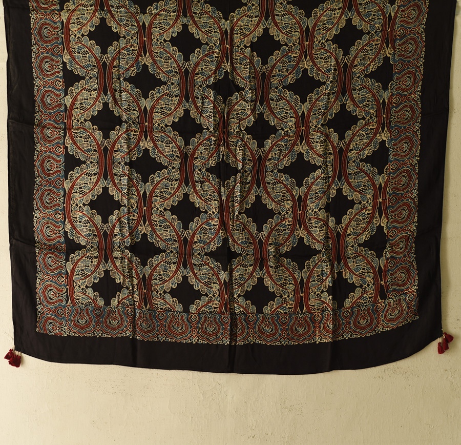 shop Ajrakh Block Printed - Square Modal Silk Scarf - Black