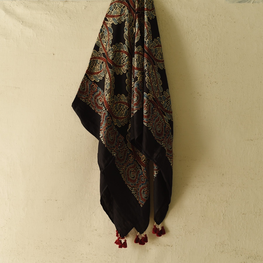 shop Ajrakh Block Printed - Square Modal Silk Scarf - Black