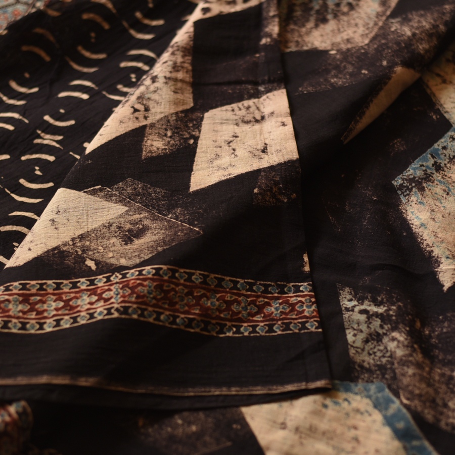 Online Ajrakh Printed Mul Cotton Black Saree