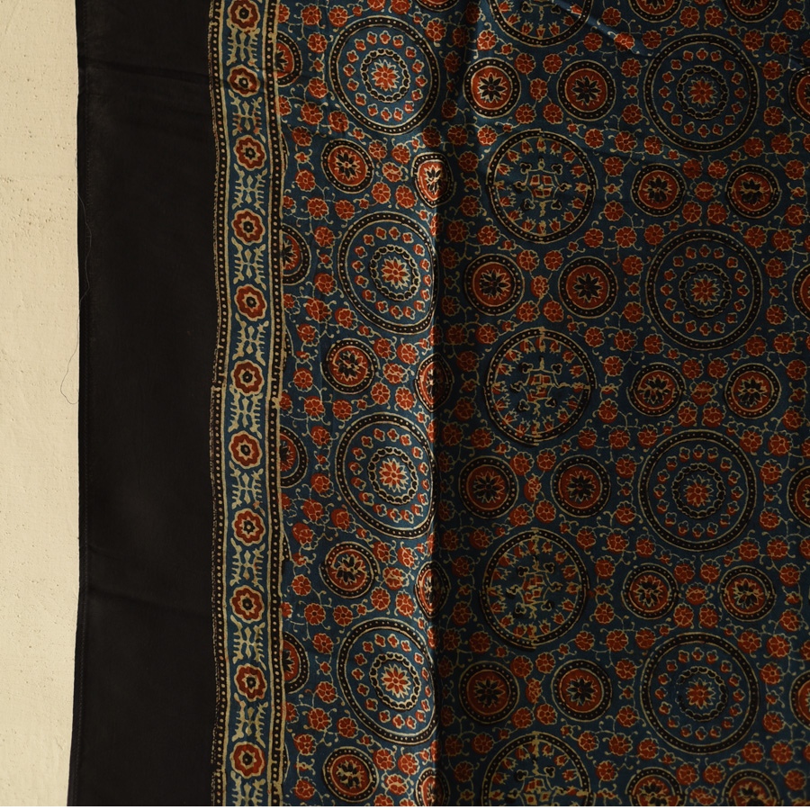 shop Ajrakh Block Printed - Square Modal Silk Black Scarf