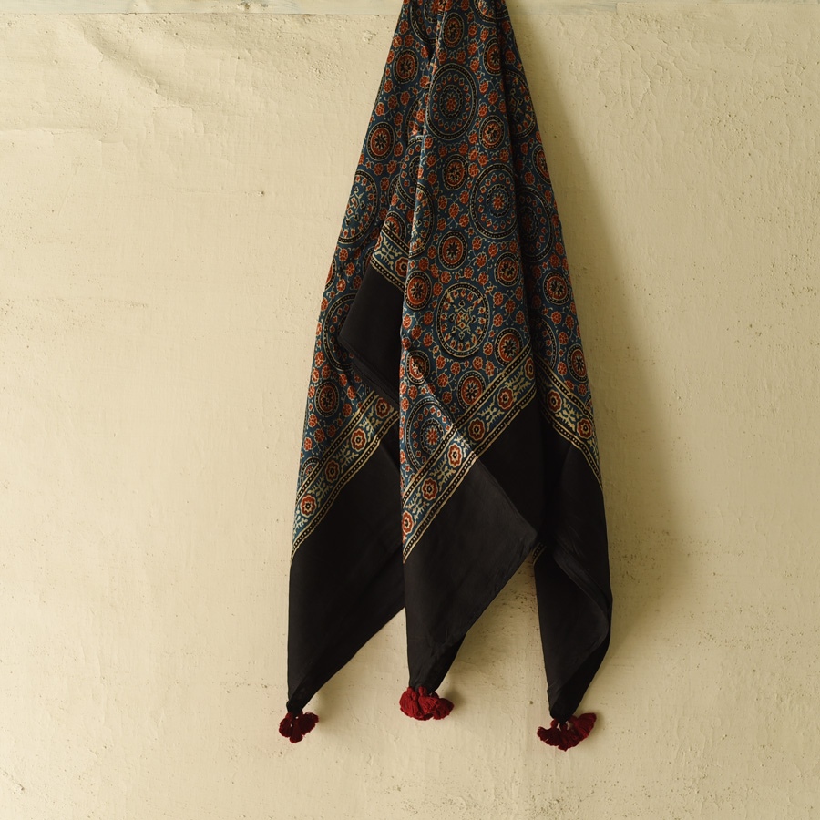 shop Ajrakh Block Printed - Square Modal Silk Black Scarf