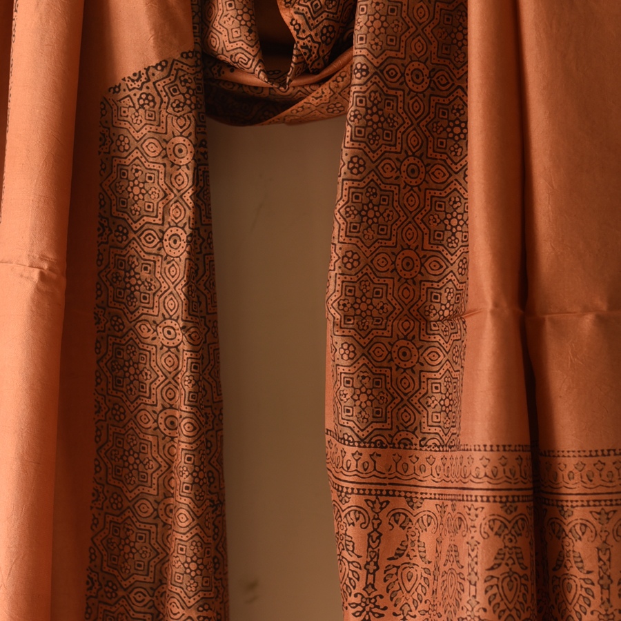 buy Ajrakh Mulberry Silk Dupatta - Natural dyed - Brown