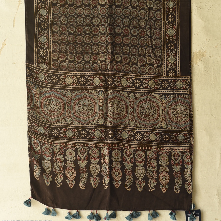 Shop Natural Dyed Ajrakh - Modal Silk Black Stole