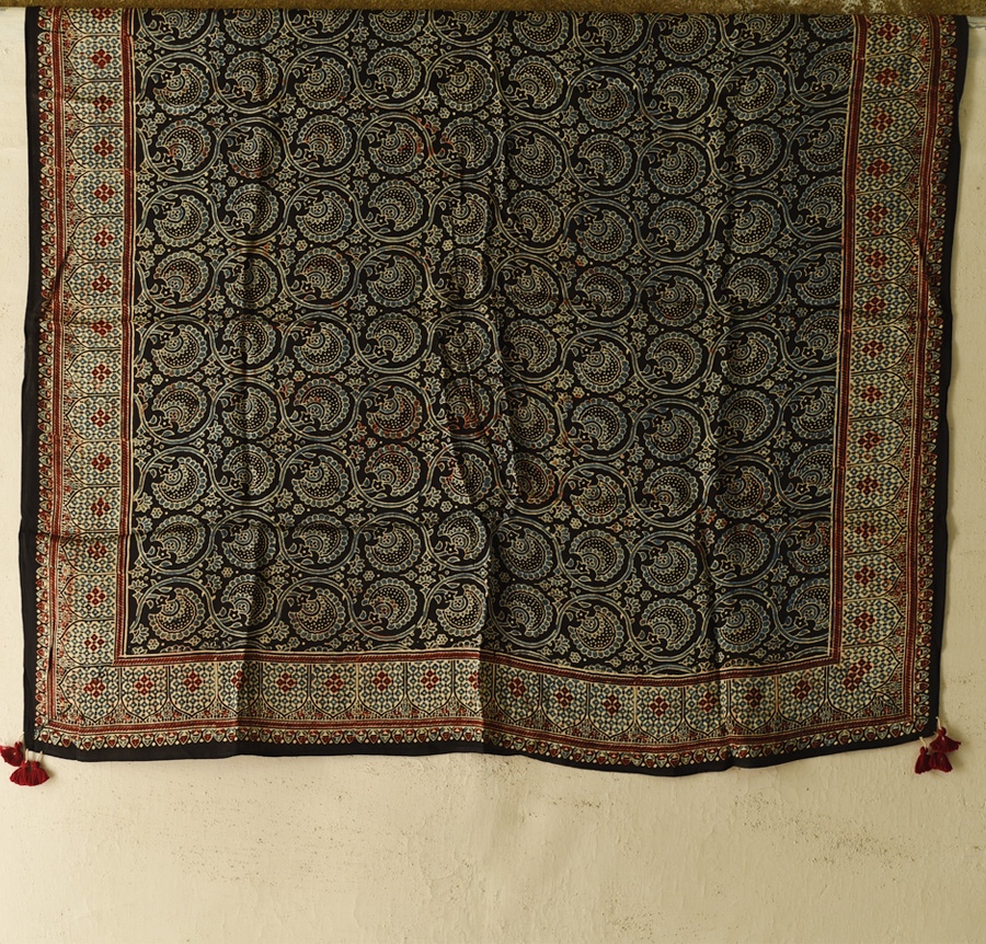 shop Ajrakh Black Square Modal Silk Scarf