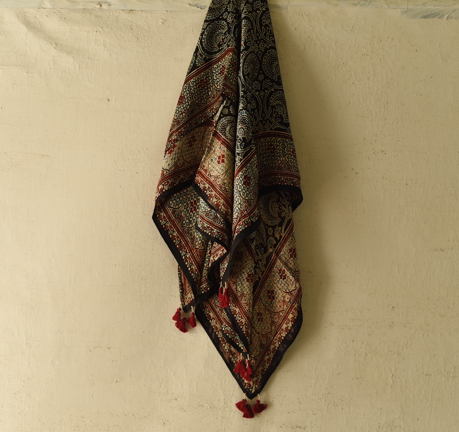 shop Ajrakh Black Square Modal Silk Scarf