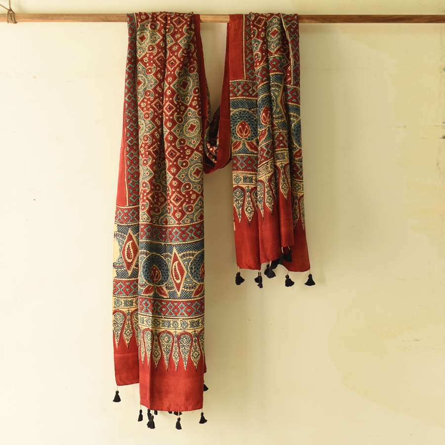 buy Ajrakh Mulberry Silk red Dupatta - A