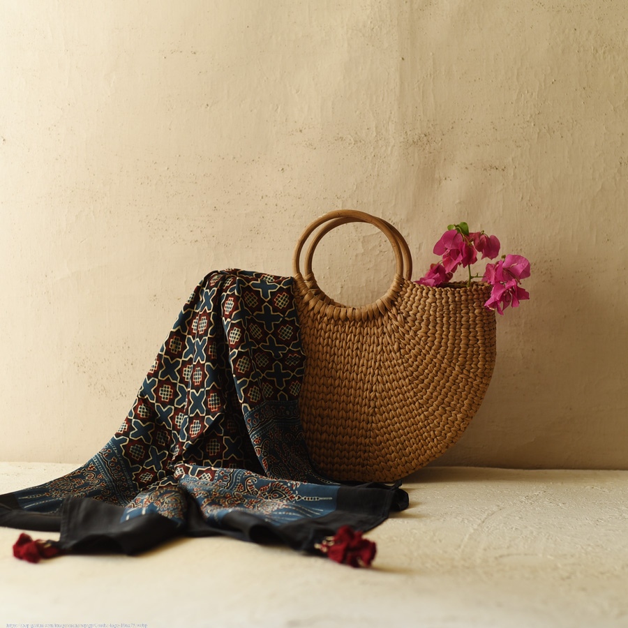 shop Ajrakh Block Printed - Square Modal Silk Scarf - Blue & Red