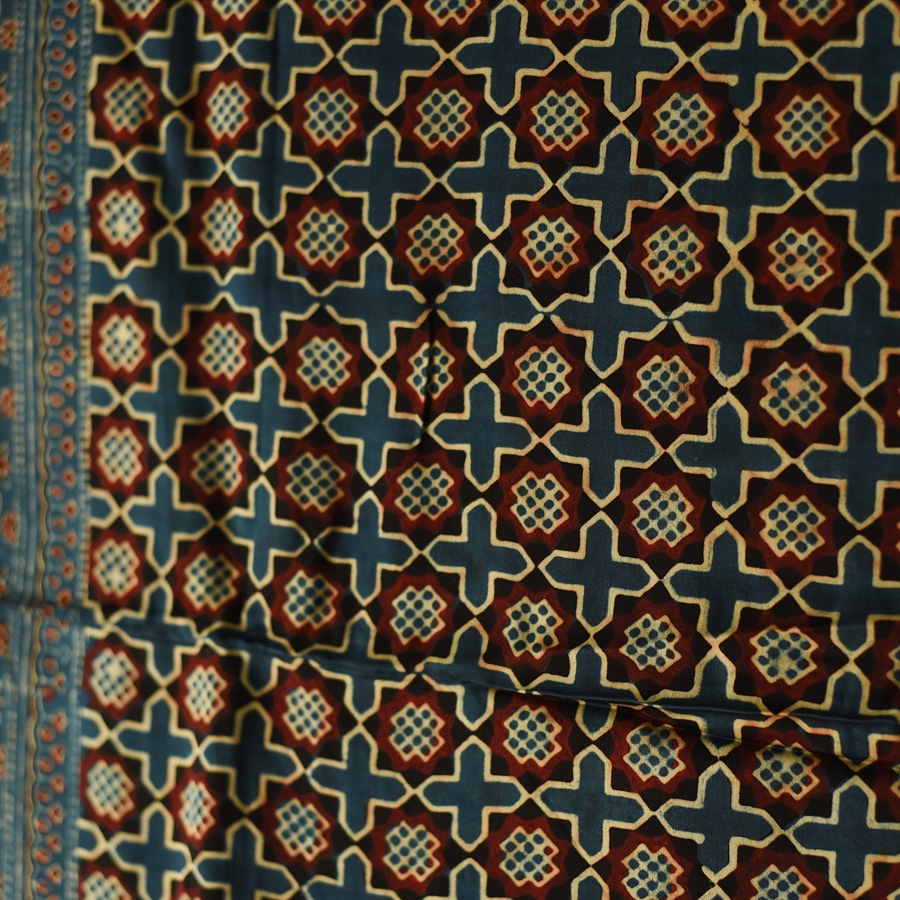 shop Ajrakh Block Printed - Square Modal Silk Scarf - Blue & Red