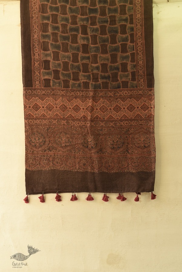 shop Ajrakh Block Print ~ Natural Color Woolen Smokey Black Stole 