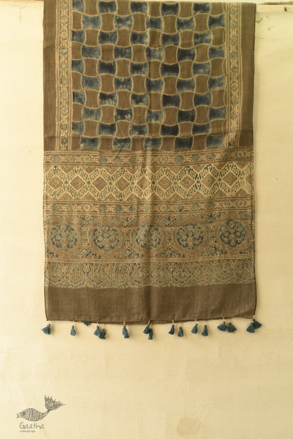 shop Ajrakh Block Print ~ Natural Color Woolen Greenish Grey Stole