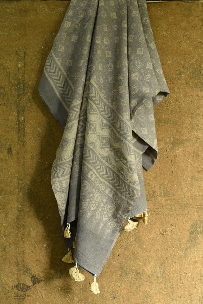 shop Ajrakh block print -  Woolen Grey shawl 