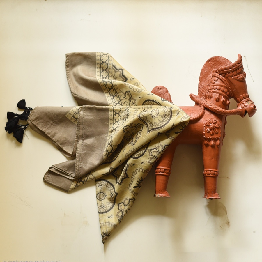 shop Hand Block Printed - Ajrakh Silk Scarf - Light Yellow & Brown