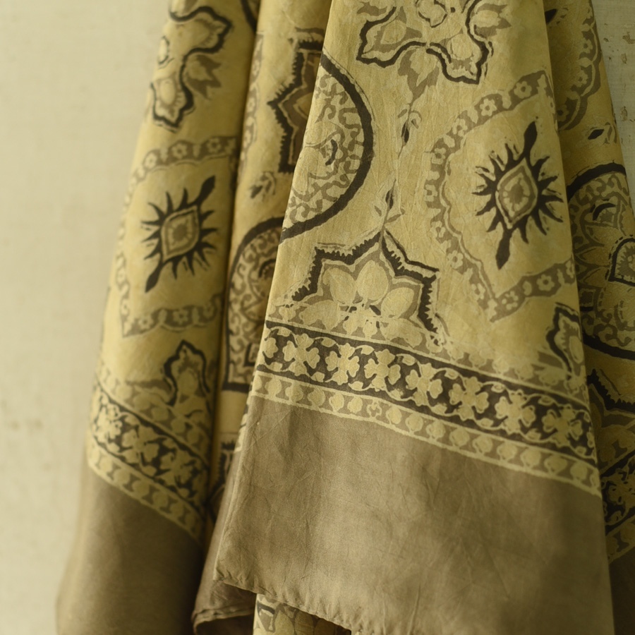 shop Hand Block Printed - Ajrakh Silk Scarf - Light Yellow & Brown
