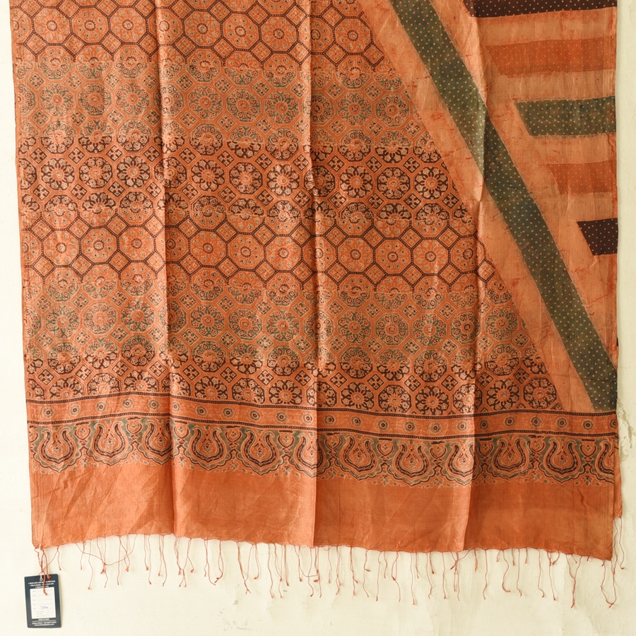 buy Ajrakh Mulberry Silk Dupatta - Natural dyed - Brown Stripes