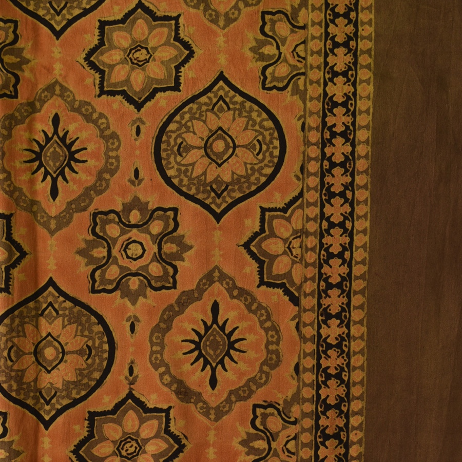 shop Hand Block Printed - Ajrakh Silk Scarf - Brown & Orange