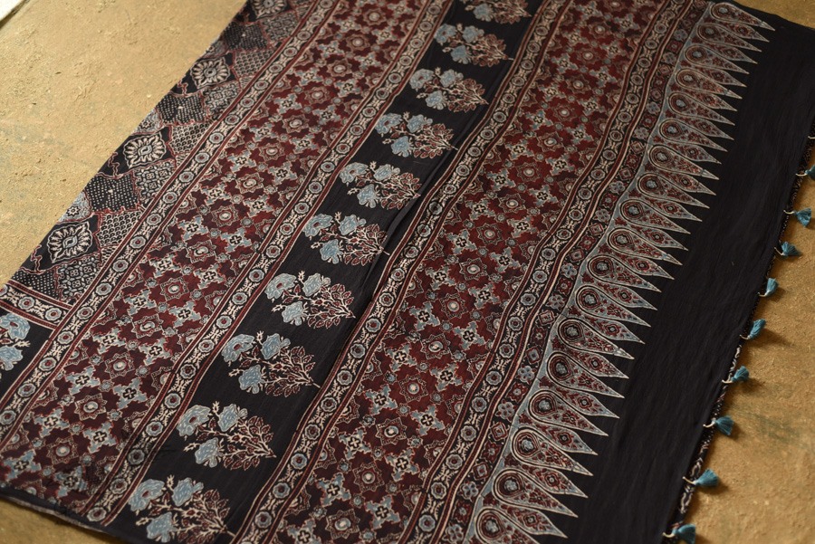 shop Ajrakh Block Printed - Mul Soft Cotton Saree