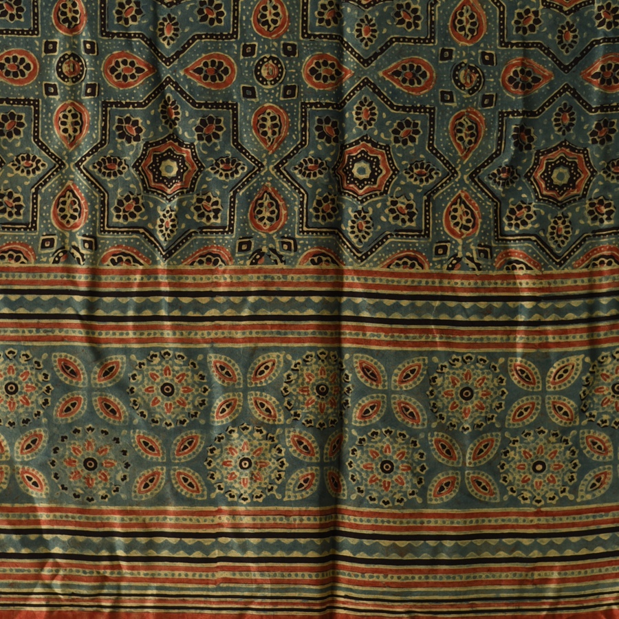 buy Ajrakh Mulberry Silk Dupatta - Blue