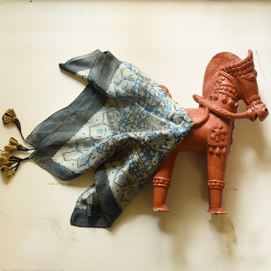 shop Hand Block Printed - Ajrakh Silk Scarf - Sky Blue