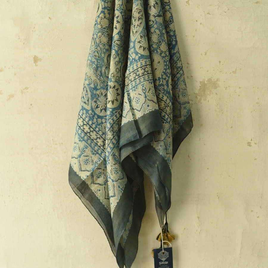 shop Hand Block Printed - Ajrakh Silk Scarf - Sky Blue