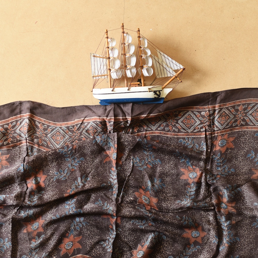 Natural Dyed Ajrakh - Modal Silk Brown Stole With Flower Motif
