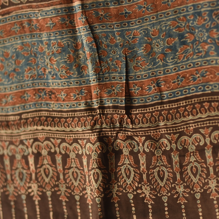 Natural Dyed Ajrakh - Modal Silk Brown Stole With Flower Motif