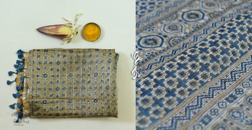 Organza ajrakh printed saree with zari border