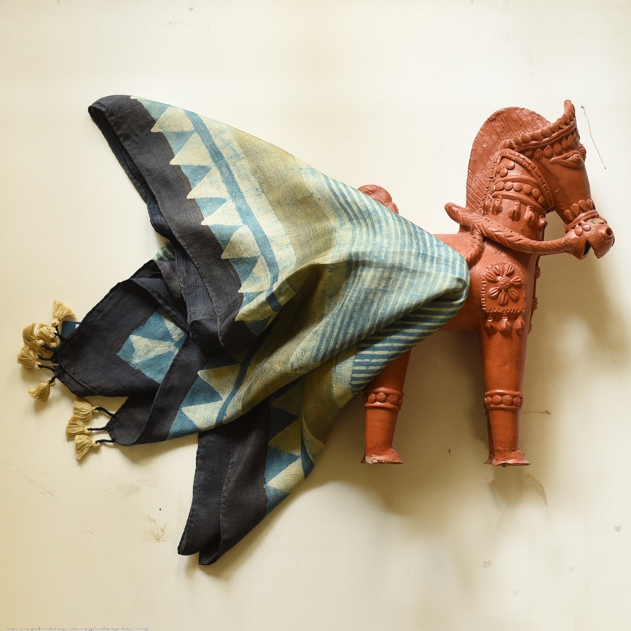 shop Hand Block Printed - Ajrakh Silk Scarf - Light Blue Strips