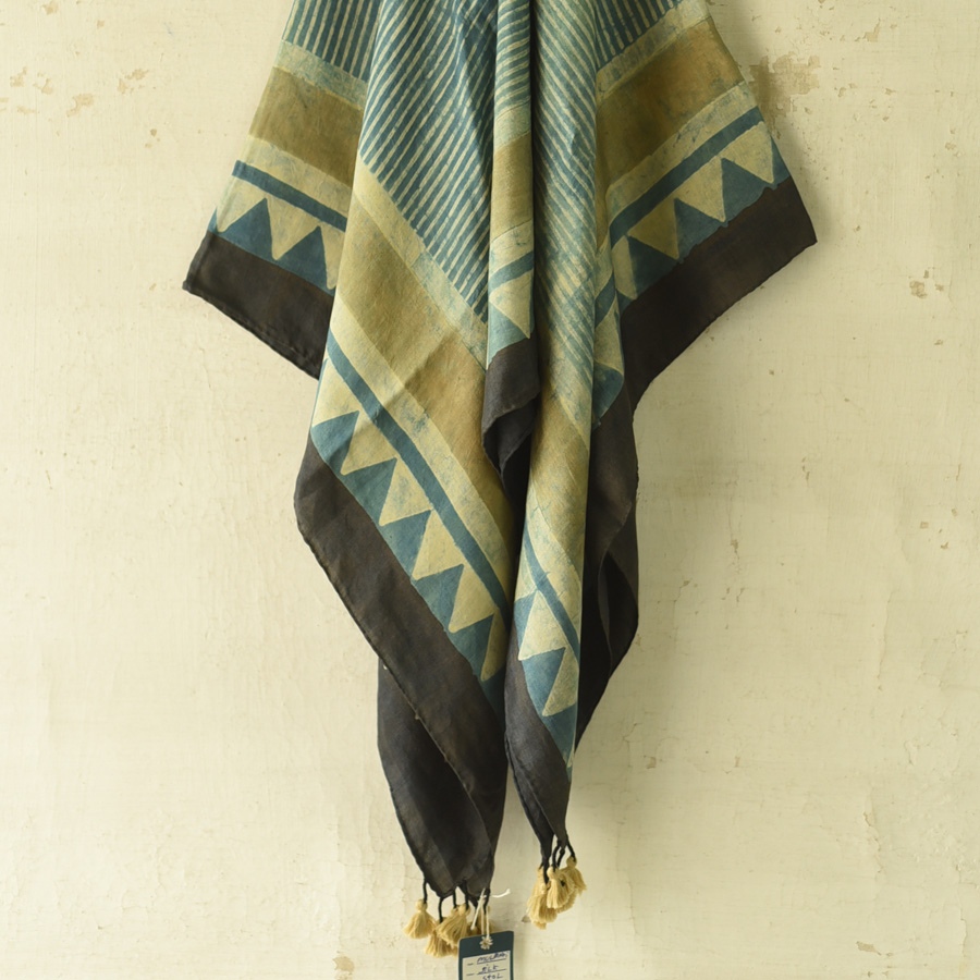 shop Hand Block Printed - Ajrakh Silk Scarf - Light Blue Strips