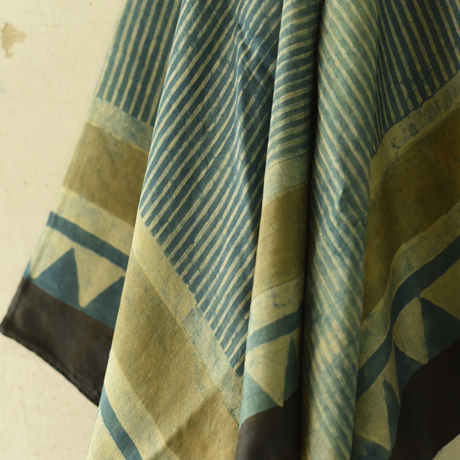 shop Hand Block Printed - Ajrakh Silk Scarf - Light Blue Strips