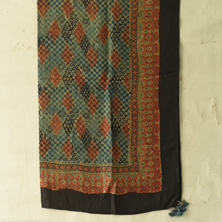 shop Hand Block Printed - Ajrakh Silk Checks Scarf